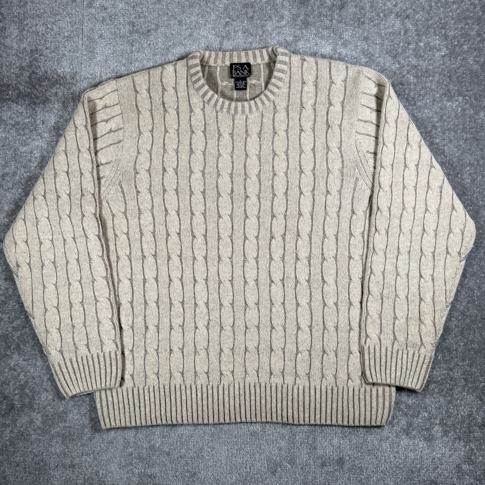 Jos A Bank Sweater Men's Large Beige Lambs' Wool Blend Cable Knit Crew Neck